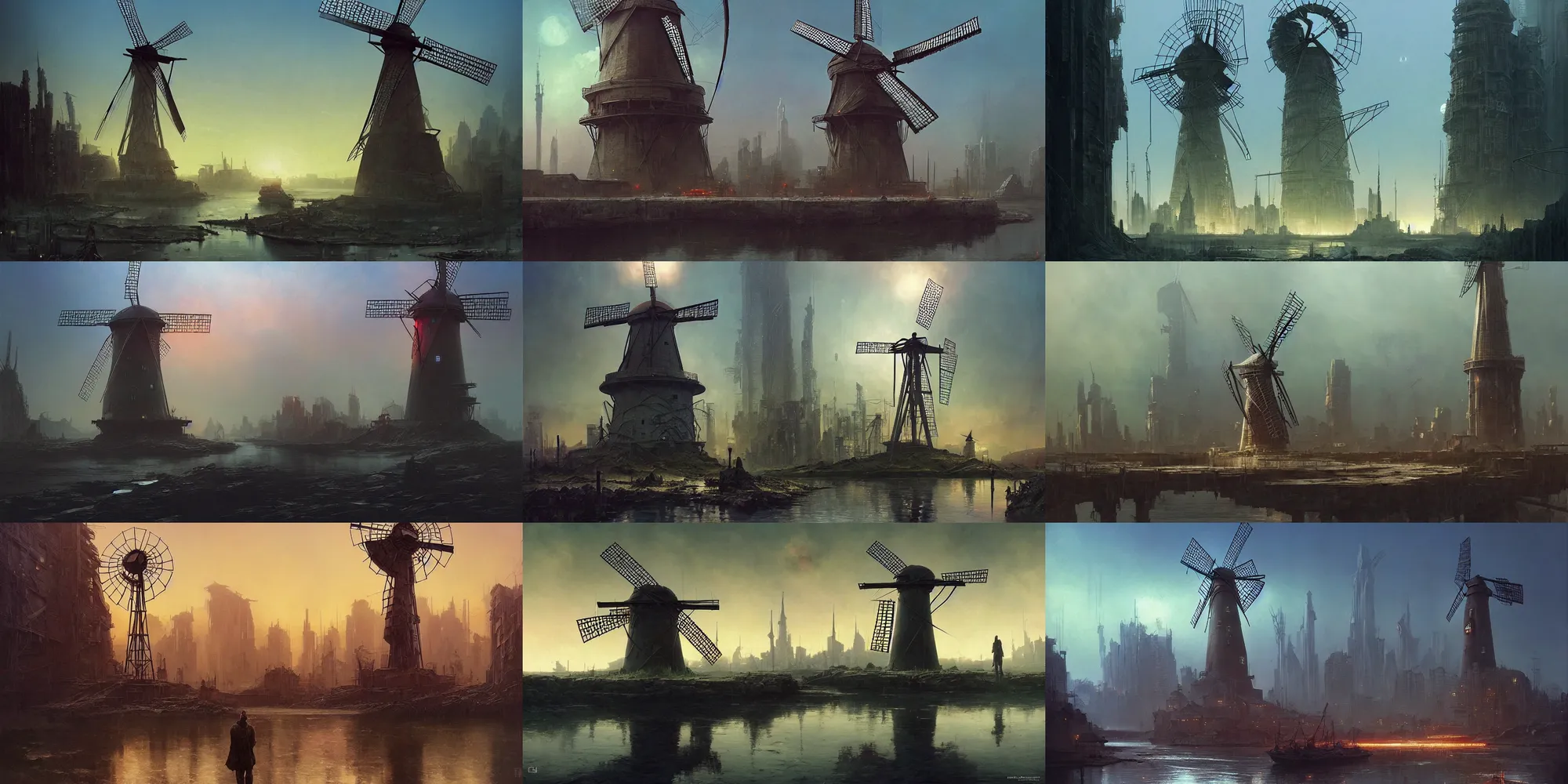 Prompt: cyberpunk style windmill in the middle of the old and dirty river : : sci - fi, gorgeous lighting, highly detailed : : by zdzisław beksinski and norman rockwell and greg rutkowski : : weta studio, and lucasfilm