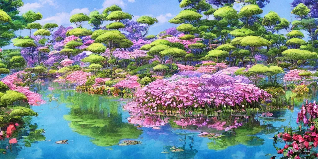 Image similar to a beautiful lake with blooming flowers, fantasy art, by studio ghibli