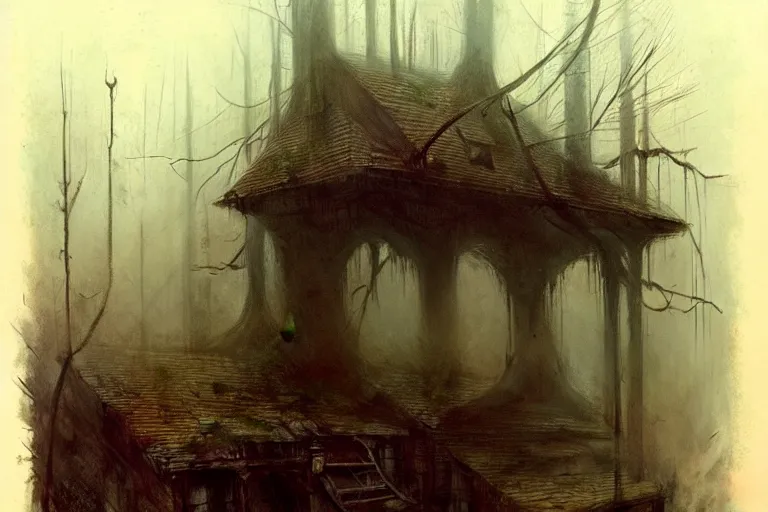 Image similar to (((((a ramshackle manhattan brownstone deep in the forest, creepy, foggy, rainy))))) by Jean-Baptiste Monge!!!!!!!!!!!!!!!!!!!!!!!!!!!