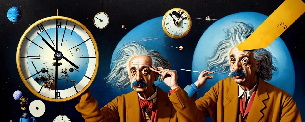 Prompt: duotone surrealist illustration 3 / 4 portrait of albert einstein measuring time on salvadore dali clock in outer space. golden ratio accidental renaissance. by sachin teng and sergey kolesov and ruan jia and heng z. graffiti art, scifi, fantasy, hyper detailed. octane render. concept art. trending on artstation