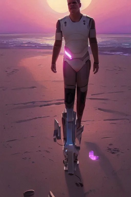 Image similar to matt damon robotic clothes in the beach purple sun, pink lighting ultra realistic photorealistic highly detailed high quality, a stunningly, digital painting, artstation, concept art, smooth, sharp focus, illustration, art by artgerm and greg rutkowski and alphonse mucha 8 k