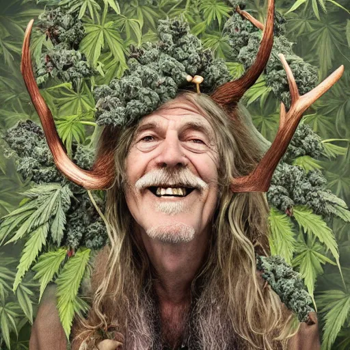 Image similar to intoxicated lazy older hippie wearing twigs and leaves and antlers smiling sheepishly in a field of cannabis plants, highly detailed, dramatic lighting, night time, cinematic, sci - fi, hyperrealistic, detailed