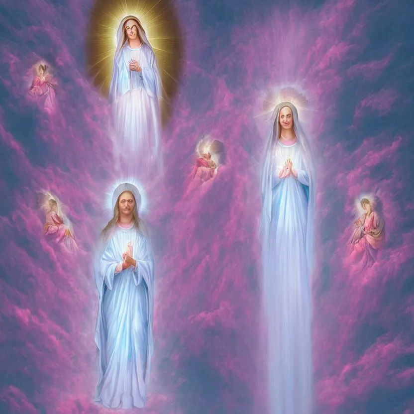 Prompt: virgin mary, our lady of lourdes, blessed mother in front of a pink waterfall with ribbons and angels in clouds. highly detailed digital art. beautiful lighting. trending on artstation.