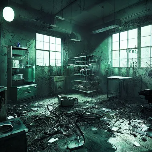 Prompt: “derelict and laboratory 🧪, lab equipment under neon light, broken lights, a body on the floor, shadows of zombies, muted tones, volumetric lighting, puddles, moss, branches, photorealism, high detail, golden ratio, cinematic, octane renderer, the last of us”