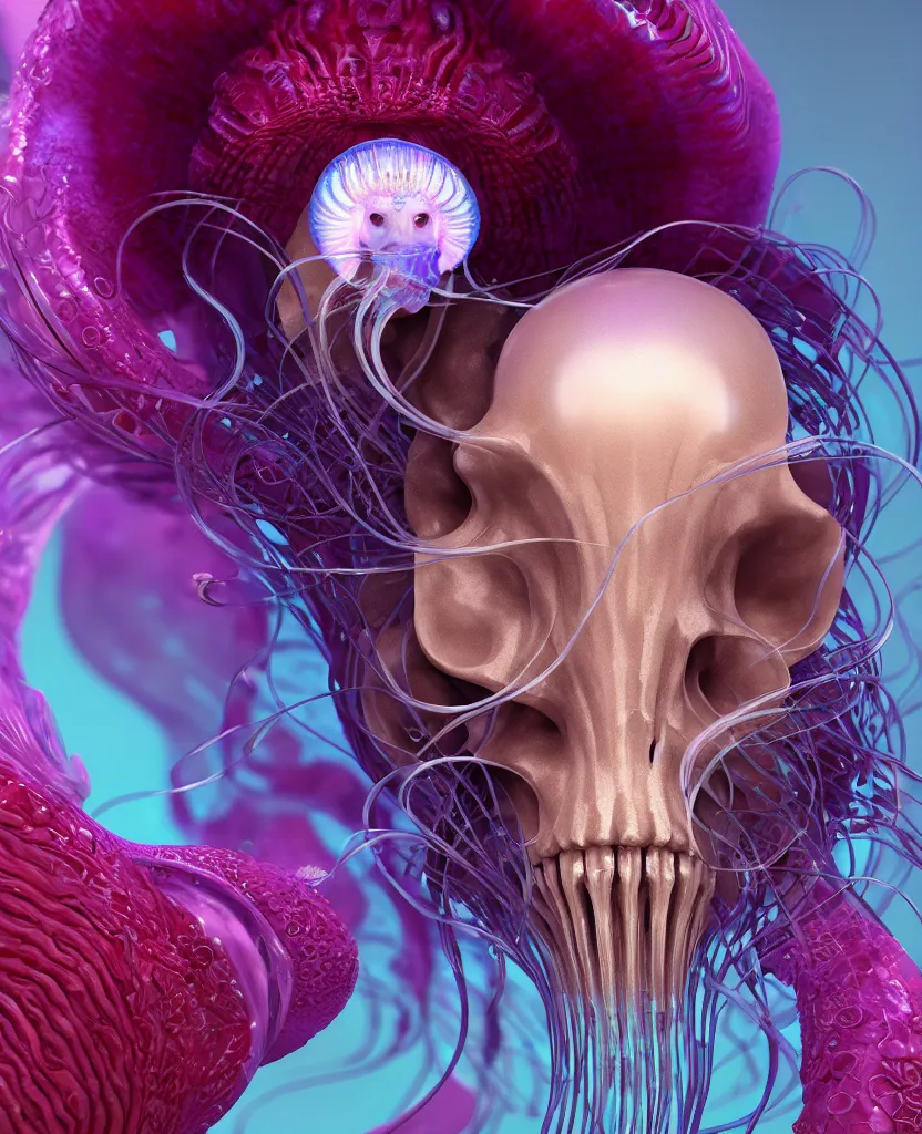 Image similar to goddess princess face close-up portrait ram skull. jellyfish phoenix head, nautilus, orchid, skull, betta fish, bioluminiscent creatures, intricate artwork by Tooth Wu and wlop and beeple. octane render, trending on artstation, greg rutkowski very coherent symmetrical artwork. cinematic, hyper realism, high detail, octane render, 8k