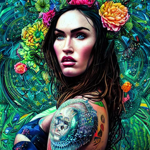 Prompt: portrait of megan fox, hyper detailed masterpiece, neon floral pattern, jean giraud, digital art painting, darkwave goth aesthetic, psychedelic, artgerm, donato giancola and tom bagshaw