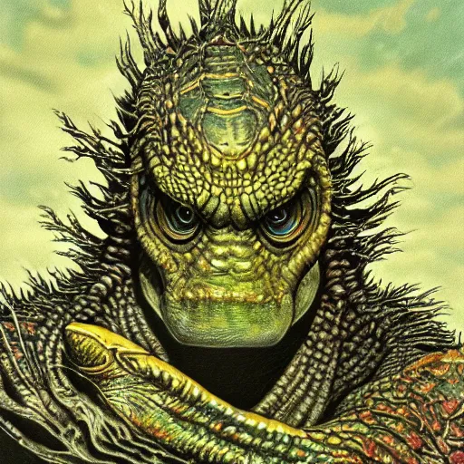 Image similar to highly detailed illustration of gill - man from creature of the black lagoon, hyper realistic, sci - fi horror art, colored, gerald brom