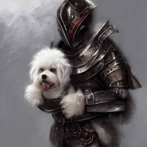 Prompt: cute fluffy white dog wearing medieval suit of armor, illustration, concept art, art by wlop, dark, moody, dramatic