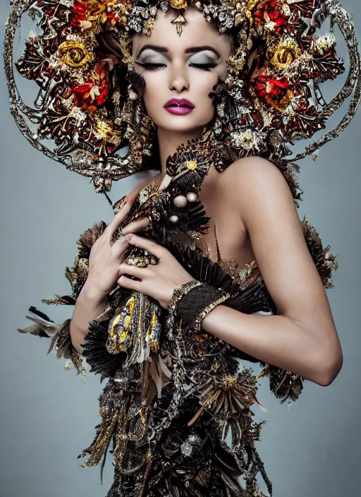 Image similar to expressive full body photo of a miss universe, ornate headpiece made from flowers, ornaments, glamour shot, by karol bak, by stefan gesell, photorealistic, canon r 3, fashion photography, hyper maximalist, elegant, ornate, luxury, elite, environmental portrait, symmetrical features, octane render, unreal engine, solid dark grey background, dramatic lights