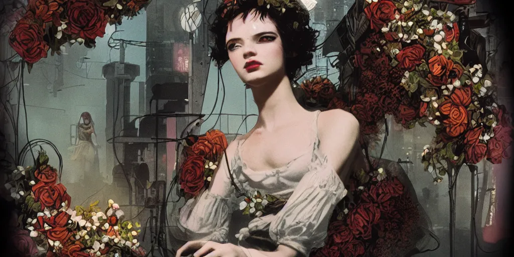 Image similar to cyberpunk girl, vintage style, wrapped in flowers and wired, by barry lyndon, ultra detailed, high resolution, cinematic