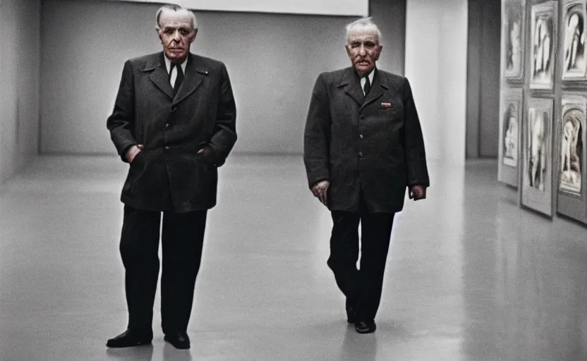 Image similar to 50s movie still close-up portrait of an elder soviet general walking in an empty museum, by David Bailey, Cinestill 800t 50mm eastmancolor, heavy grainy picture, very detailed, high quality video, 4k, HD criterion, precise texture and facial expression