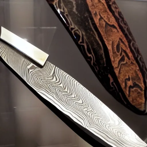 Image similar to A Damascus steel knife is sitting in a display case in a museum.