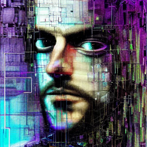 Image similar to hyperrealistic portrait of a cyberpunk man, adult man, long hair, immersed within a network, glitch eyes, by Guy Denning, Johannes Itten, Derek Gores, Russ Mills, glitch art, smooth lines, fine detail, polished, complex, hacking effects, holographic, digital tech effects, blue and violet, color blocking!, realistic, acrylic on canvas, concept art, abstract!, symmetrical, 8k, concept art, octane, photorealistic, cgsociety, trending on artstation