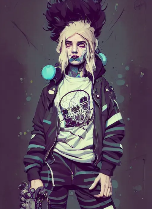 Image similar to highly detailed portrait of a sewer punk lady, tartan hoody, blonde ringlet hair by atey ghailan, by greg rutkowski, by greg tocchini, by james gilleard, by joe fenton, by kaethe butcher, gradient blue, black, blonde cream and white color scheme, grunge aesthetic!!! ( ( graffiti tag wall background ) )