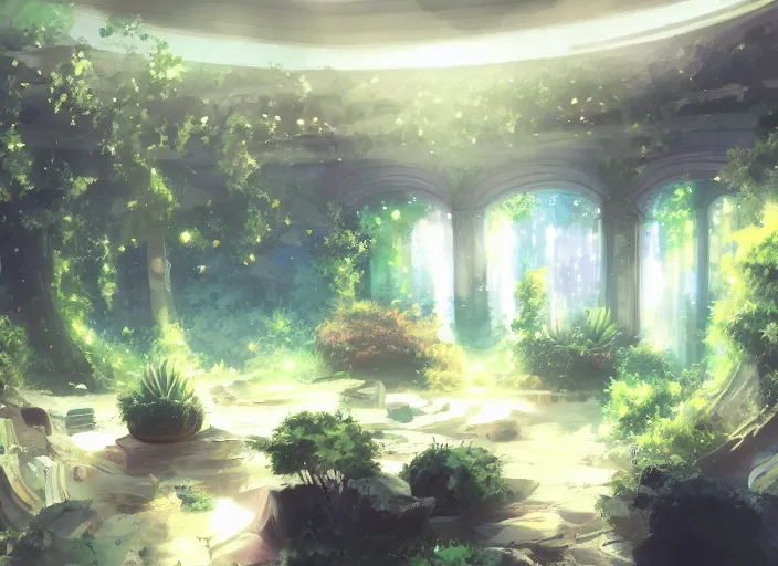 Image similar to anime background clean neat clarity professional visual development set design, cozy hall with big screen instead of one wall, sparse plants, dim painterly lighting volumetric aquatics, impasto, trending on pixiv