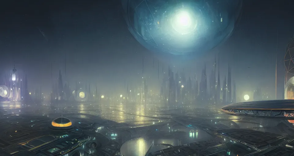 Image similar to cinematic shot, futuristic city on the moon inside a giant geodesic dome, utopian, night, stars, digital painting, artstation, concept art, smooth, sharp focus, illustration, intricate, elegant, highly detailed, in the style of greg rutkowski and alphonse mucha and artemisia, 8 k, highly detailed, jurgens, rutkowski