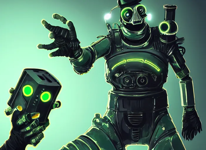 Image similar to anthropomorphic cyber penguin in fallout 4, glowing green eyes, claws, horror scene, artgerm, rutkowski, tooth wu, beeple, and intricate