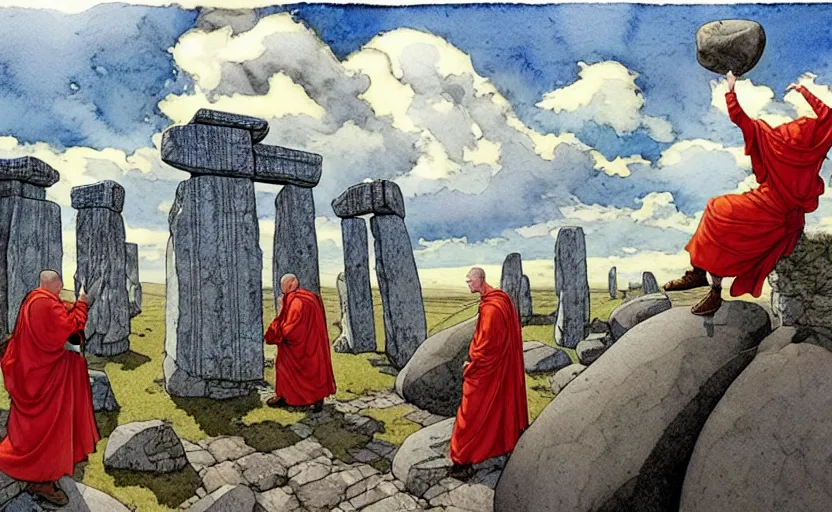 Prompt: a hyperrealist watercolour concept art of a group of grey medieval monks levitating a huge rock in the air over their head. a large stonehenge moneument is in the sky. by rebecca guay, michael kaluta, charles vess and jean moebius giraud. high detail, hq, wide shot