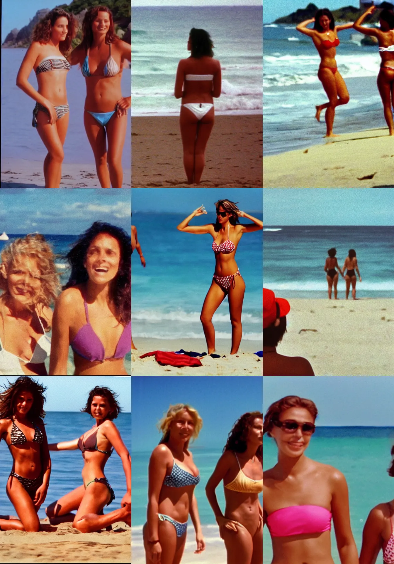 Prompt: home video footage, close - up ; two women in bikini standing on the crowded beach ; daylight, summer, color vhs picture quality
