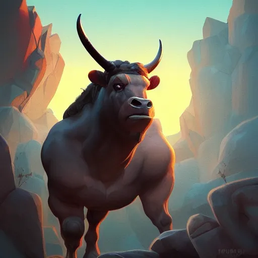 Prompt: portrait of a minotaur, an antropomorphic creature with a bull face, dark hair, mattepainting concept blizzard pixar maya engine on cold night stylized background splash comics global illumination lighting artstation lois van baarle, ilya kuvshinov, rossdraws