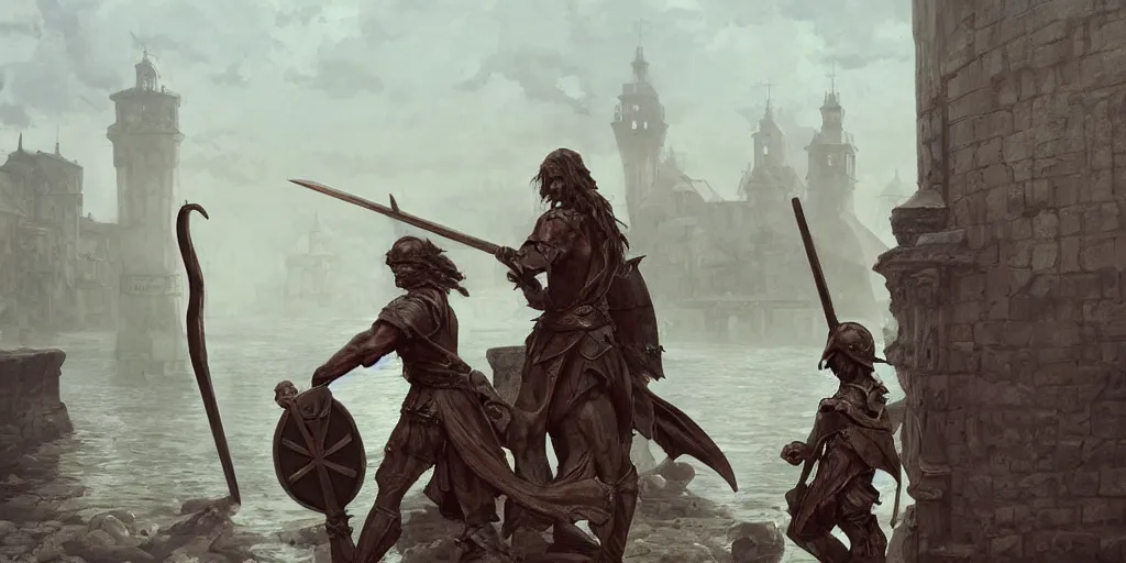 Image similar to empty medieval port town docks, crumbling bronze ten foot statue of a warrior carrying a spear pokemon sword and sheild, bright future, social realism, highly detailed, digital painting, artstation, concept art, matte, sharp focus, illustration, art by artgerm and greg rutkowski and alphonse mucha