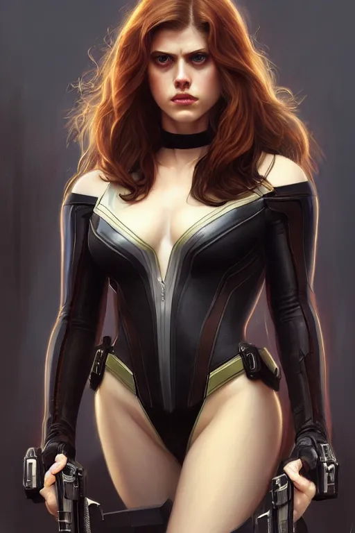 Image similar to alexandra daddario as black widow, realistic portrait, symmetrical, highly detailed, digital painting, artstation, concept art, smooth, sharp focus, illustration, cinematic lighting, art by artgerm and greg rutkowski and alphonse mucha