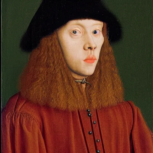 Image similar to a portrait of a person jacked into their cyberdeck by Jan van Eyck