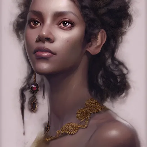 Image similar to character design, portrait of a attractive dark skinned woman with long black curly hair and white eyes, medieval, jewels, painting by wlop, nixeu and greg rutkowski, beautiful, cgsociety, semirealism, artstation, octane render, sharpness, 8 k, golden ratio