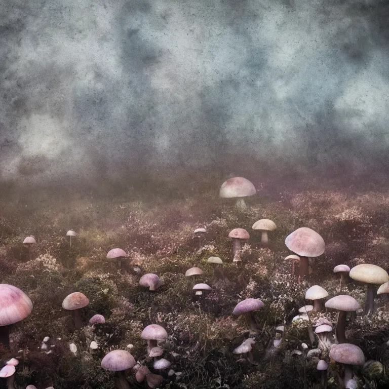 Image similar to a planet of various fungus, mushrooms and plants, inside the picture is infinity, Atmospheric phenomenon, artistic photography, muted colors, conceptual, long exposure outside the city, volumetric light