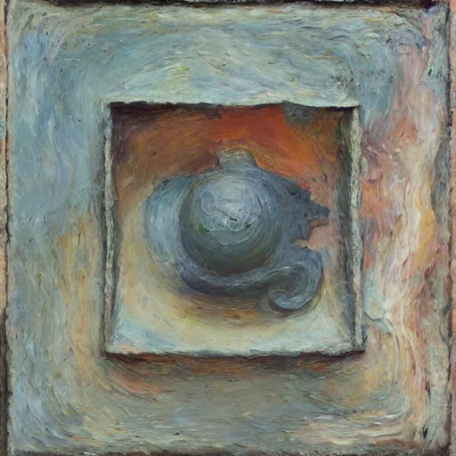 Image similar to a detailed impasto painting by shaun tan and walter battiss of an abstract forgotten sculpture by the caretaker and ivan seal