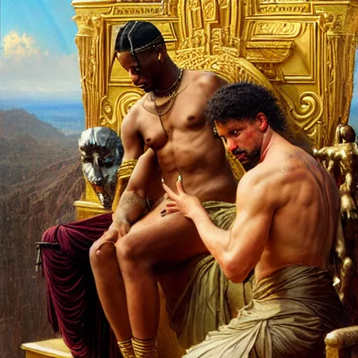 Image similar to 2 1 savage accuses travis scott of betrayal! zeus sits on the throne of olympus, heavenly marble, ambrosia served on golden platters, painting by gaston bussiere, craig mullins, j. c. leyendecker, tom of finland