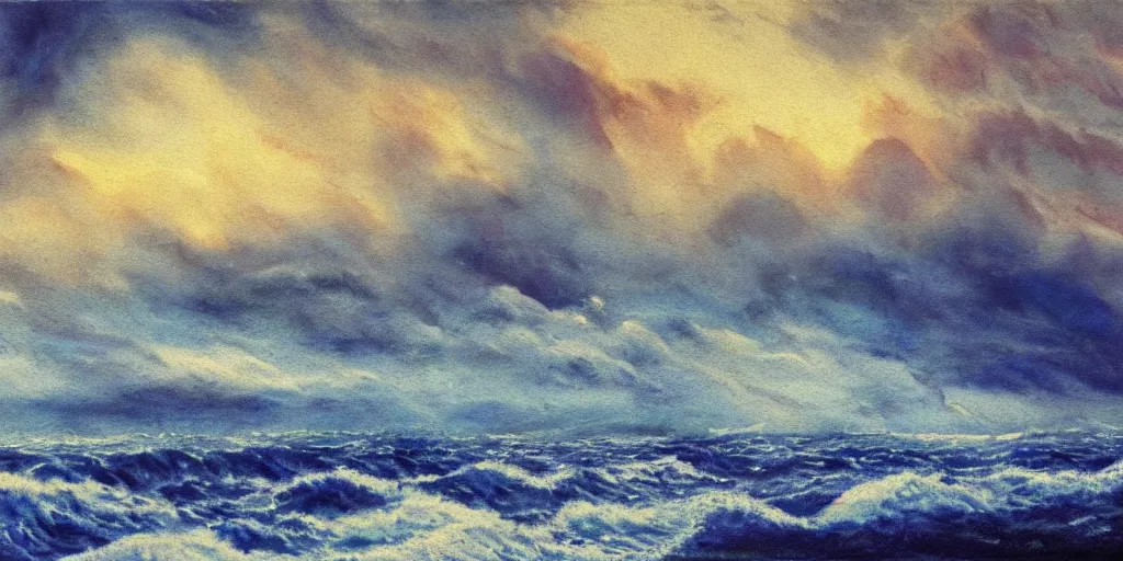 Image similar to a beautiful painting of a icelandic fishing village, storm clouds gathering over the sea, by studio ghibli 8 k pastel colours, smeared watercolours, golden light film grain