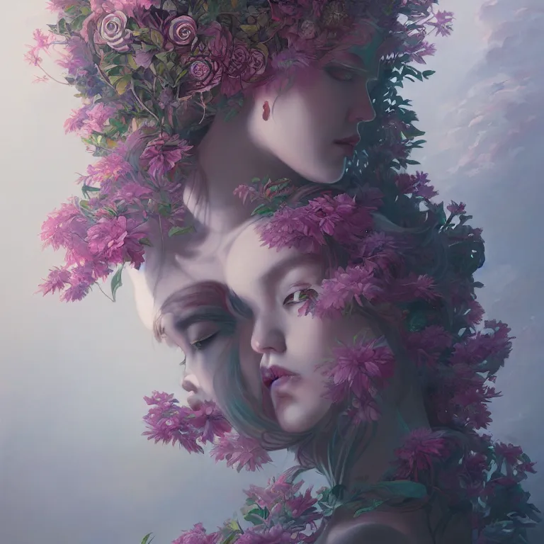 Prompt: breathtaking detailed concept art painting art deco portrait of gaea the goddess amalgamation flowers, by hsiao - ron cheng, bizarre compositions, exquisite detail, extremely moody lighting, 8 k