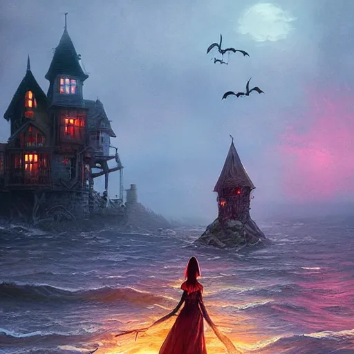 Image similar to a scary witch in front of a witch house made out of candy, floating on the ocean, epic scene, fantasy, cinematic, hyper - detailed, in the style of greg rutkowski