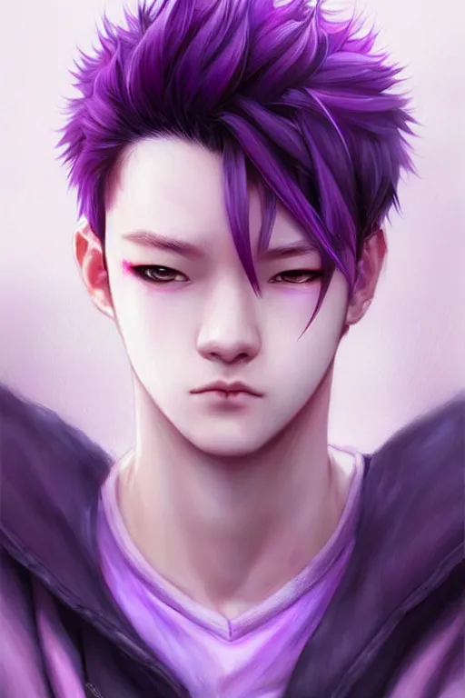 Prompt: gorgeous!!! hyper - realistic teenager boy with purple hair, purple eyes with red eye markets, wearing combat japanese clothes, holding a fan | drawn by wlop, drawn by jeehyung lee, drawn by artgerm | intricate, highly detailed, digital painting, character design, concept art, illustration, artstation