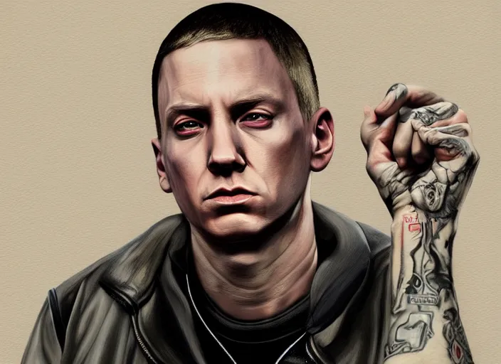 Prompt: eminem in gta v covert art painted by stephen bliss, centered, uncropped, full body, symmetrical face, crispy, trending on artstation, deviantart