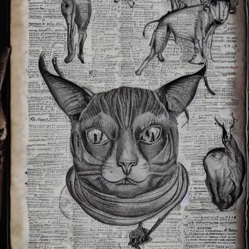 Prompt: siamese cat cow hybrid, anatomical drawings, lovecraftian, old paper manuscript, fineline detail, cinematic quality, high octane