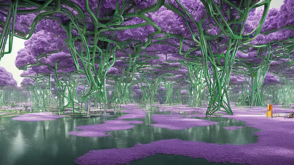 Prompt: view of the from across the purple river of the robot factory in the wisteria forest by simon stalenhag and zaha hadid