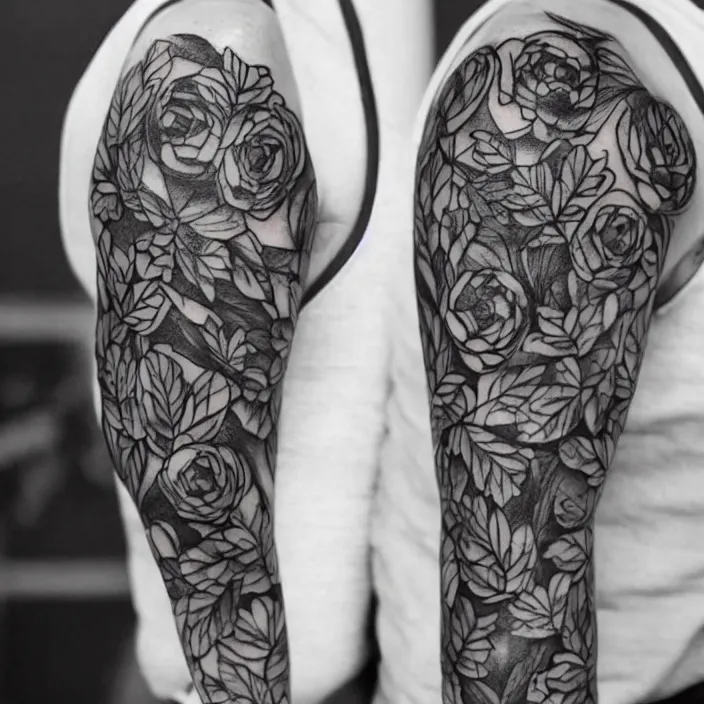 Image similar to sleeve tattoo with a ranunculus surrounded by fern vines, black ink