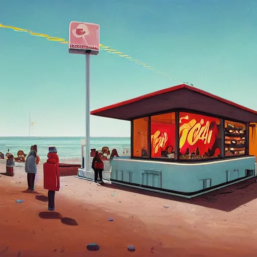 Image similar to fast food counter by the beach by simon stalenhag