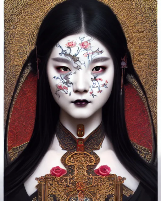 Image similar to portrait of a gothic girl, machine face, upper body, decorated with chinese opera motifs, traditional chinese art, intricate, elegant, highly detailed, digital painting, artstation, concept art, smooth, sharp focus, illustration, art by artgerm and greg rutkowski and alphonse mucha, 8 k