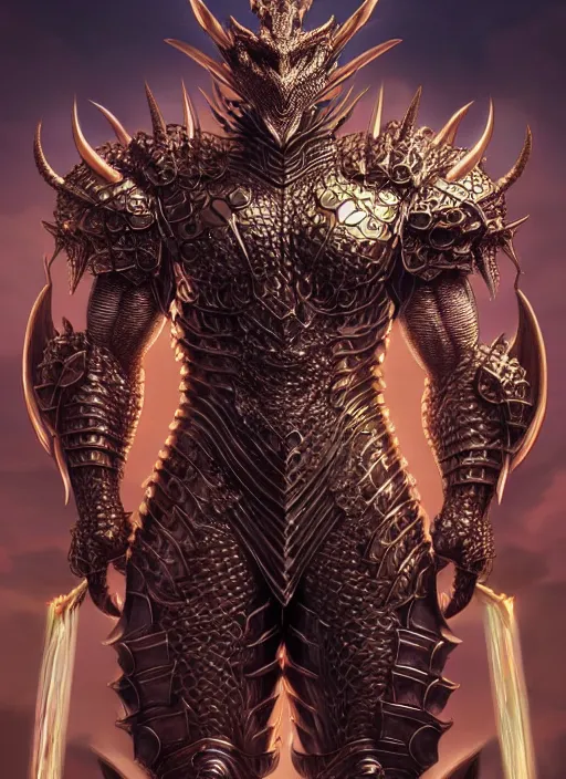 Image similar to muscular and tall humanoid dragon!!!! draconian!! intricate ornate iridescent heavy armor!! character concept art, sharp focus, octane render! unreal engine 5! highly rendered!! trending on artstation!! detailed linework!! illustration by artgerm, wlop, and chie yoshii