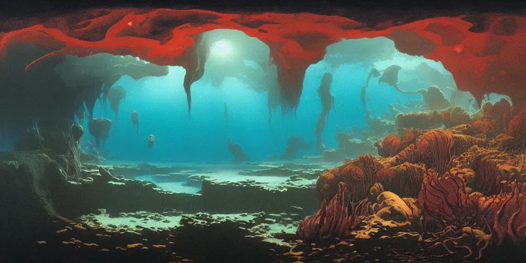 Prompt: underwater landscape, fluid, smooth, bright colours, high contrast, sharpness, beautiful, peaceful, very detailed, intricate, volumetric lighting, by moebius and beksinski and bosch and bacon and giger and corben