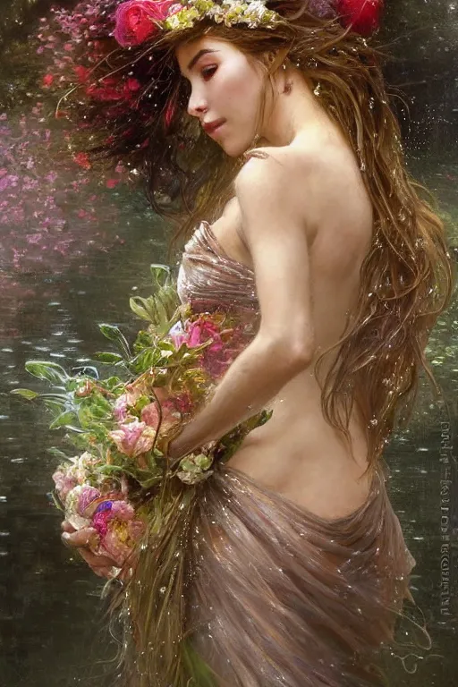 Image similar to portrait of a beautiful mysterious woman holding a bouquet of flowing flowers, wet dripping long hair, hands hidden under the bouquet, emerging from the water, fantasy, regal, intricate, by stanley artgerm lau, greg rutkowski, thomas kindkade, alphonse mucha, loish, norman rockwell