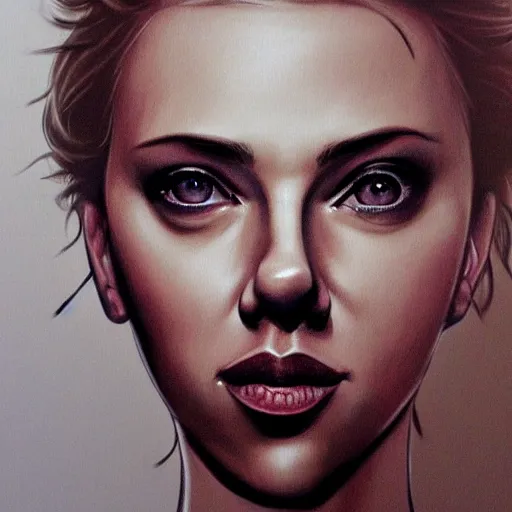 Prompt: funny caricature painting of scarlett johansson, closeup of face, exaggerated features, highly detailed, drawing by mahesh nambiar, sebastian kruger, archille superbi, carola rubio, artstation