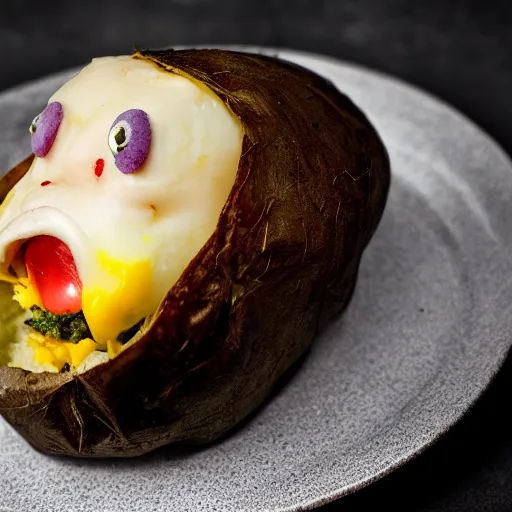 Image similar to loaded baked potato face, villian, cinematic, realistic photo, unsettling