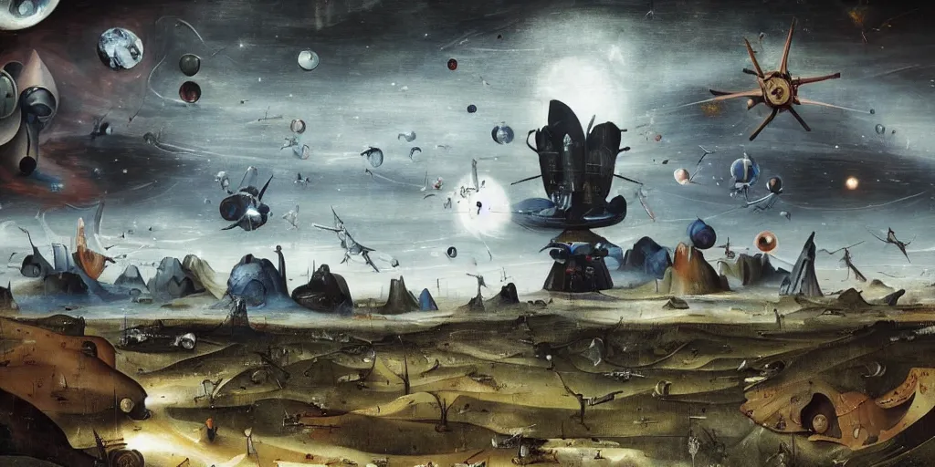 Prompt: a beautiful painting of an elaborate space sci - fi scene painted by hieronymous bosch, detailed, unreal engine