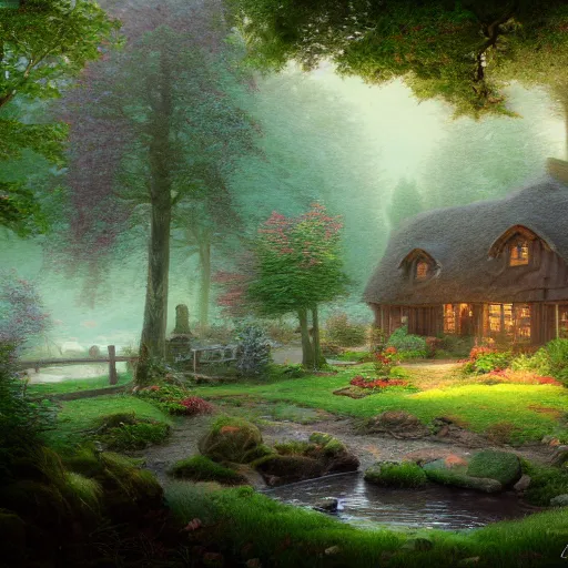 Prompt: old english cottage by a creek in the forest, thomas kinkade style, cinematic, octane render, art station, dramatic lighting, beautiful foggy morning, concept art, rococo, photorealistic, intense detail, 8 k