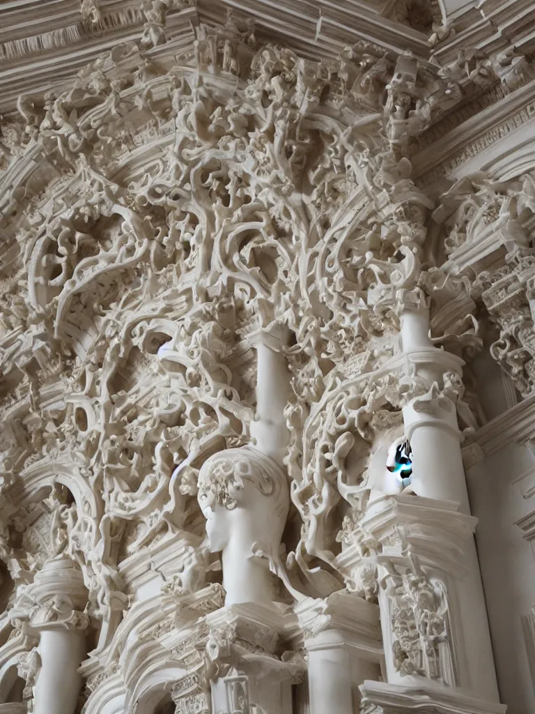 Prompt: Epic view of intricate stained statue with symmetrical multi-directional globin faces looking to all sides using a velvet veil statue sculpted on white marble by Antonio Corradini and Bernini