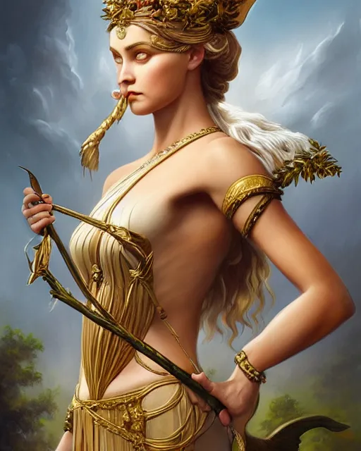 Prompt: A detailed painting of a full length portrait of Artemis, the Greek Goddess of the hunt, nature and birth. By Anne Stokes and Steve Argyle and Daniela Uhlig and Tom Bagshaw. Trending on Artstation, digital character painting.